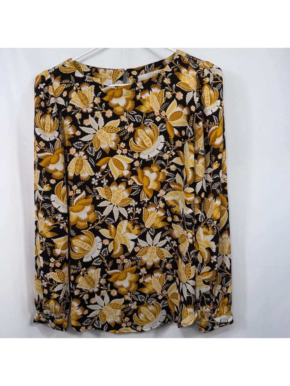 LOFT XS Black Mustard Floral Long Sleeve Blouse